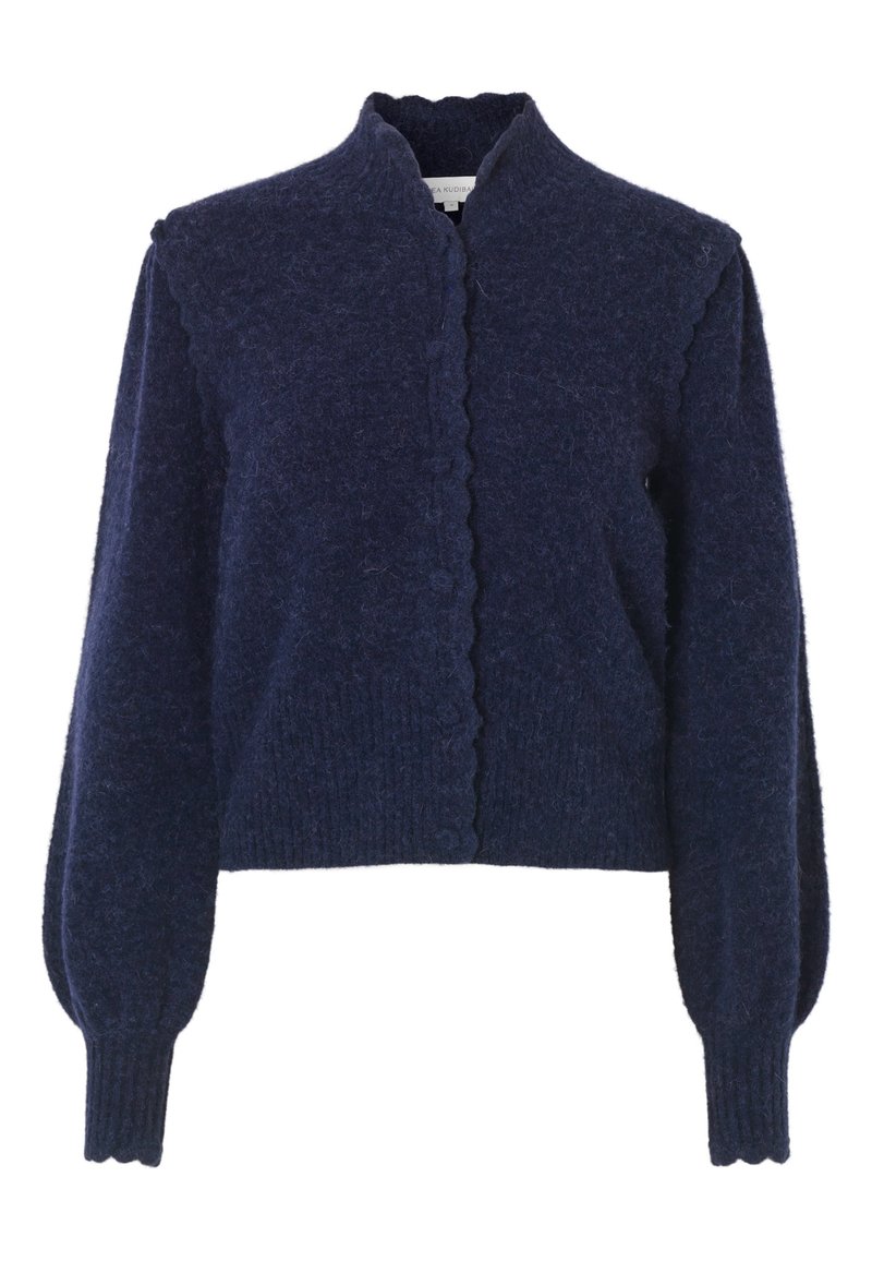 Dunkelblauer Wollcardigan mit gewelltem Kragen, langen Puffärmeln und Knopfleiste. Strukturierte Oberfläche mit kurzer Passform.