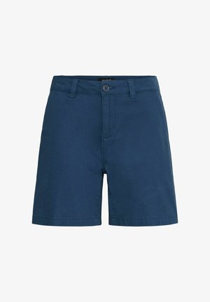 Navy blue cotton shorts featuring a button closure, belt loops, and straight cut. Smooth texture with a clean, simple design.