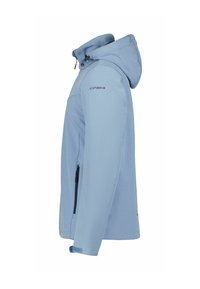 Ljusblå softshell-jacka med en välsittande huva, sidoficka med dragkedja och justerbara ärmslut. Har en slät textur och minimalistisk design.