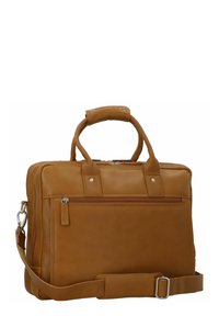 Borsa per laptop in pelle marrone con doppi manici superiori, tracolla rimovibile, tasca anteriore con cerniera e dettagli metallici sulla ferramenta.