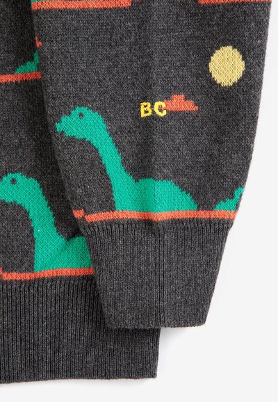 Manche de pull gris foncé avec un motif de dinosaure vert, une ligne de sol orange, un soleil jaune et les lettres B et C en jaune à côté d'une forme orange.