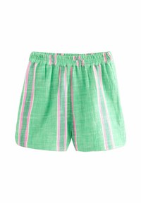 Shorts en lin vert avec des rayures verticales roses et blanches, dotés d'une taille élastique et d'une coupe décontractée. Tissu doux et texturé.