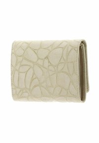 Portefeuille rectangulaire en daim crème texturé, présentant un motif embossé ressemblant à des pierres lisses. Design compact et pliable.