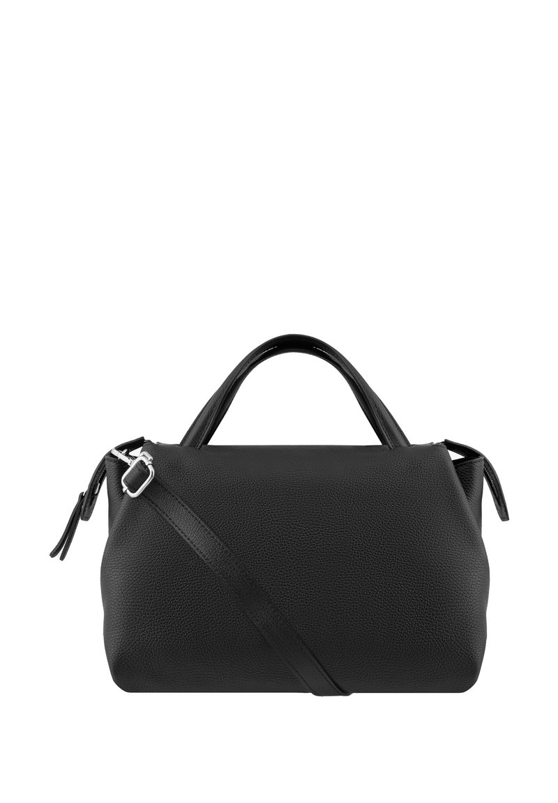 Black pebbled leather handbag with dual top handles and a detachable shoulder strap. Features a structured design and subtle zipper details.