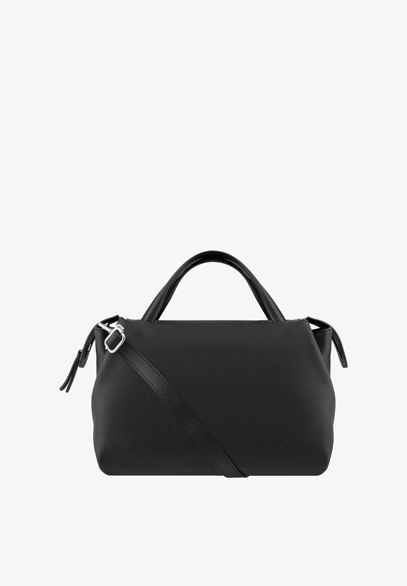 Black pebbled leather handbag with dual top handles and a detachable shoulder strap. Features a structured design and subtle zipper details.