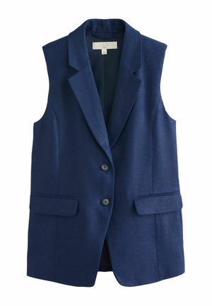 Blazer bleumarin fără mâneci, cu rever, doi nasturi în față și două buzunare cu clapetă, realizat din țesătură mixtă de in.