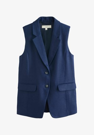 Nerūsējoši zils bezroku žakete ar atloku apkakli, divām priekšējām pogām un divām uzliesmojošām kabatām, izgatavots no lina maisījuma auduma.