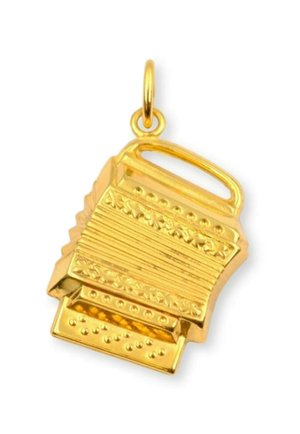 Goldfarbene Akkordeon-Anhänger mit detaillierten Rillen und floralen Mustern, ausgestattet mit einer Schlaufe zur Befestigung. Maße und genaue Form nicht angegeben.