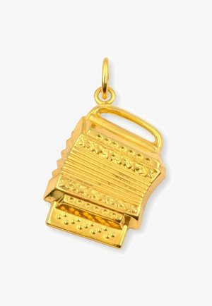 Charm a forma di fisarmonica in tono oro con dettagliate scanalature e motivi floreali, dotato di un anello per il fissaggio. Dimensioni e forma esatta non specificate.