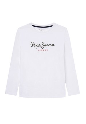 Biała koszula z długim rękawem z czarnym napisem "Pepe Jeans" kursywą oraz czerwonym napisem "LONDON" dużymi literami na piersi.