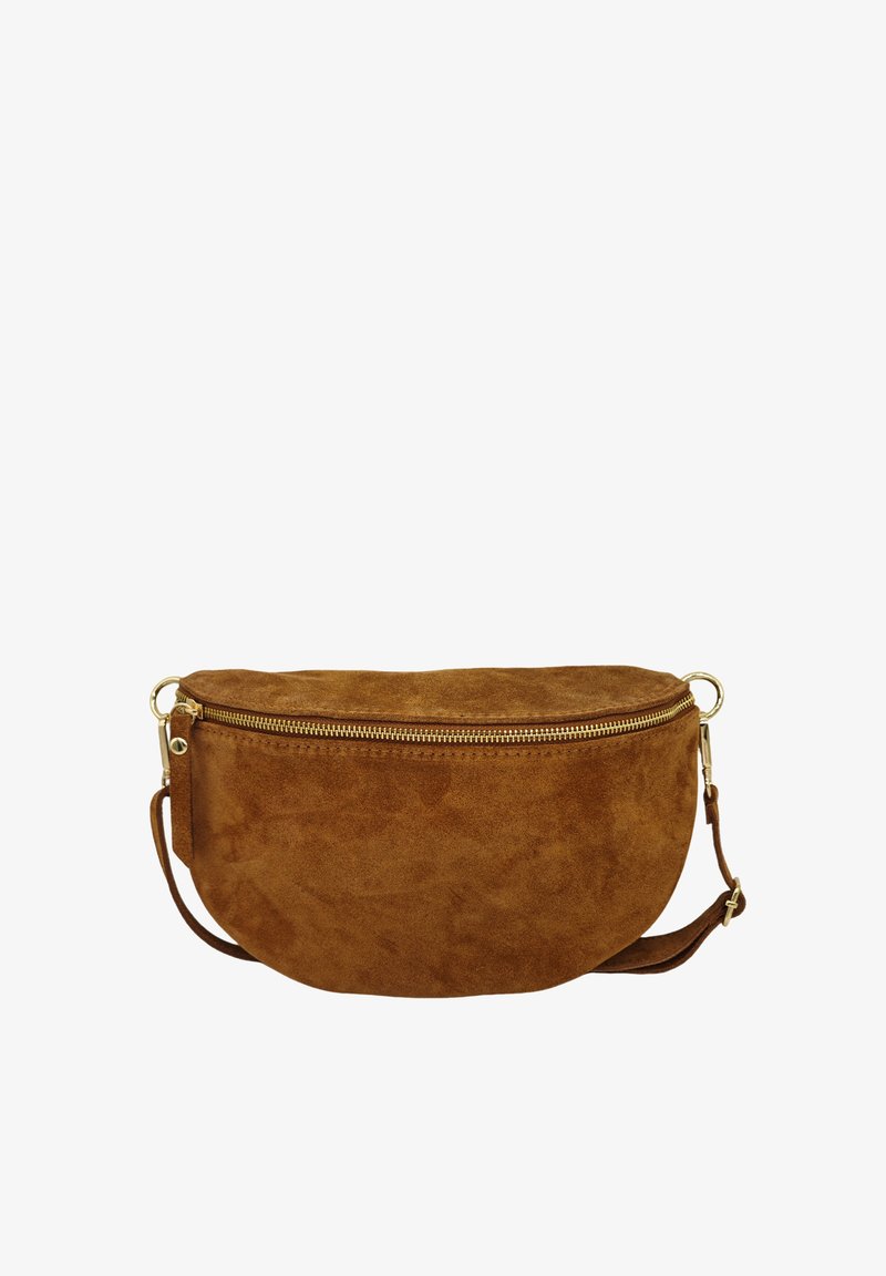 Sac en suède marron de forme semi-circulaire, avec des détails de fermeture éclair dorés et une sangle réglable. Texture lisse avec un léger éclat.