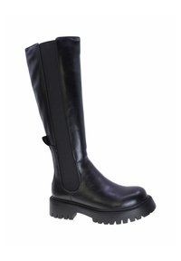 Stivale nero al ginocchio con fronte in pelle lucida, pannello elastico opaco, suola robusta con battistrada e dettagli di cucitura sottili.
