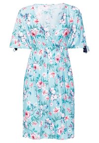 Vestido floral de tejido ligero en azul claro con escote en V, mangas cortas, cintura elástica y patrones de flores multicolores por toda la prenda.