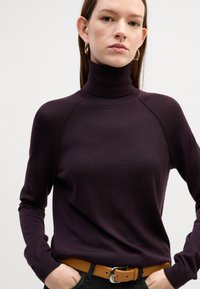 Pull en col roulé violet à manches longues et à coupe ajustée. Associé à une ceinture beige. Fond neutre. Texture lisse, peu de détails.