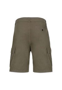 Olivgrön cargoshorts i bomullsblandning, med sid- och bakfickor samt en platt midja med knäppning.