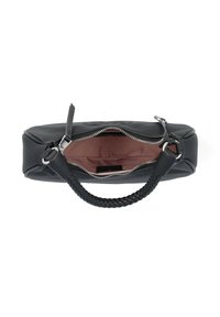 Black leather handbag with braided handle, silver zipper, and a pink interior lining. Rectangular shape, soft texture, minimal detailing.