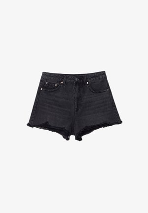 Čierne deninové šortky s natrhnutým lemom, vysokým pásom, s dvoma prednými vreckami a detailmi z medeného kovu. Štruktúrovaná tkanina s vyblednutým vzhľadom.
