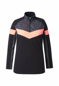 Maglietta nera a maniche lunghe con colletto alto, caratterizzata da un accento a zigzag rosa e una parte superiore decorata in tonalità di blu scuro e rosa.