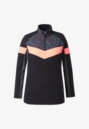 Schwarzes langärmliges Oberteil mit hohem Kragen, das mit einem pinken Chevron-Akzent und einem gemusterten oberen Bereich in Schattierungen von Dunkelblau und Pink versehen ist.