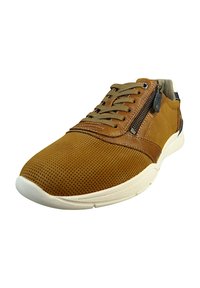 Sneaker marrone perforato con chiusura a lacci, dettaglio con zip sul lato, suola bianca e dettagli in pelle liscia. Progettato per comfort e traspirabilità.