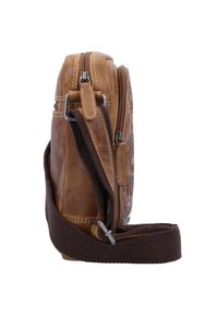 Brown leather crossbody bag with decorative stitching, zip closures, and a textured finish. Adjustable fabric strap. Side view.