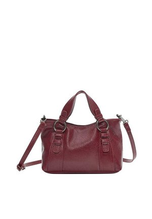 Kis bordó bőr kézitáska két rövid fogantyúval, ezüst gyűrűkkel és állítható vállpánttal fehér háttéren.