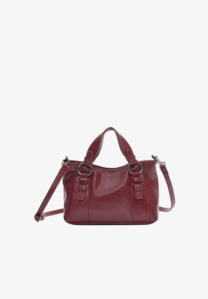 Petit sac à main en cuir bordeaux avec deux petites poignées, anneaux argentés et une bandoulière réglable sur fond blanc.