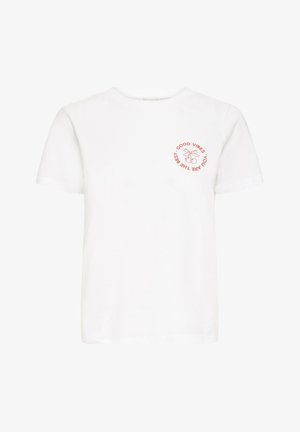 Witte katoen T-shirt met een ronde hals, korte mouwen en een bedrukte tekst "Good Vibes - You Are The Best" in koraal.