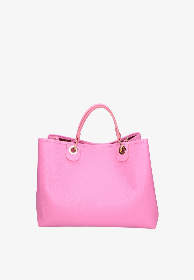 Sac à main en cuir rose avec double poignée, doté de ferrures en tonalité dorée et d'une finition lisse et texturée. Forme rectangulaire avec une large ouverture.