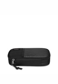 Black zippered case with a textured finish, featuring a flat front panel and pull tab. Compact design suitable for storage or travel.