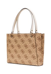 Tan handbag featuring a diamond pattern with logo, white leather handles, and gold-tone hardware. Structured rectangular shape, smooth texture.