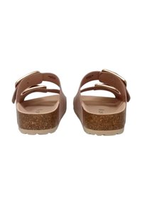 Infradito rosa con plantare in sughero, due cinturini regolabili con fibbie dorate, retro arrotondato e suola testurizzata per una presa sicura.