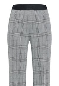 Gray plaid trousers with a textured fabric, featuring a black elastic waistband and classic check pattern in white and black lines.