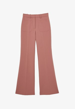 Schwangere Hosen aus weichem pinkfarbigen Stoff mit glatter Textur, ausgestattet mit zwei Gesäßtaschen und gesteppten vorderen Falten für einen maßgeschneiderten Look.