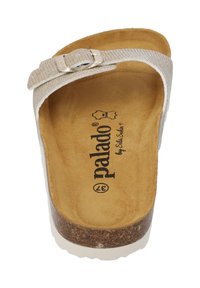 Light gray sandal with a textured strap and silver metal buckle. Cork footbed with a white rubber sole. Brand logo printed inside.