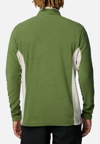 Persona con capelli arricciati di un medium brown che indossa una giacca in pile verde a maniche lunghe con pannelli laterali beige, vista da dietro.
