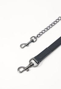 Black leather strap with a smooth texture, featuring metallic silver hardware and a chain link section with swivel clasps at both ends.