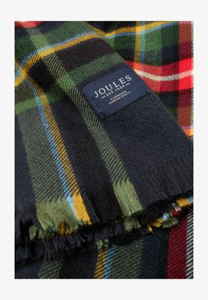 Sciarpa di lana con motivo scozzese scuro in rosso, verde e giallo, caratterizzata da un bordo sfrangiato e un'etichetta del marchio Joules cucita.
