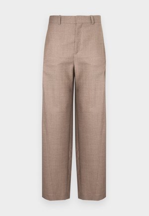 Brown, textured trousers with a straight-leg design, featuring a mid-rise waist and no visible hardware or pockets.