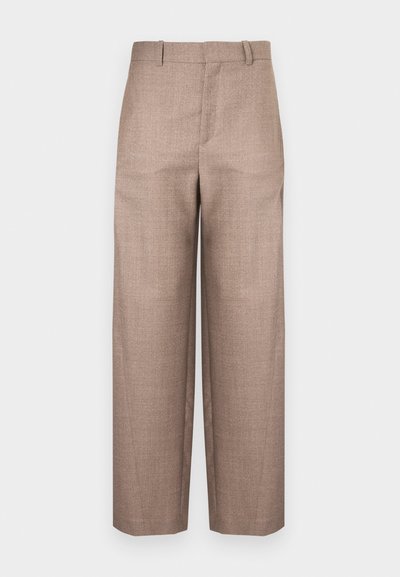 Καφέ υφασμάτινο παντελόνι με ευθεία γραμμή, με μέση σε μέσο ύψος και χωρίς ορατό μεταλλικό εξάρτημα ή τσέπες.