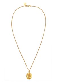 Guldhalsband med en oval medaljong med en upphöjd blommönsterdesign. Kedjan är fint vävd, med ett spänne för att fästa.