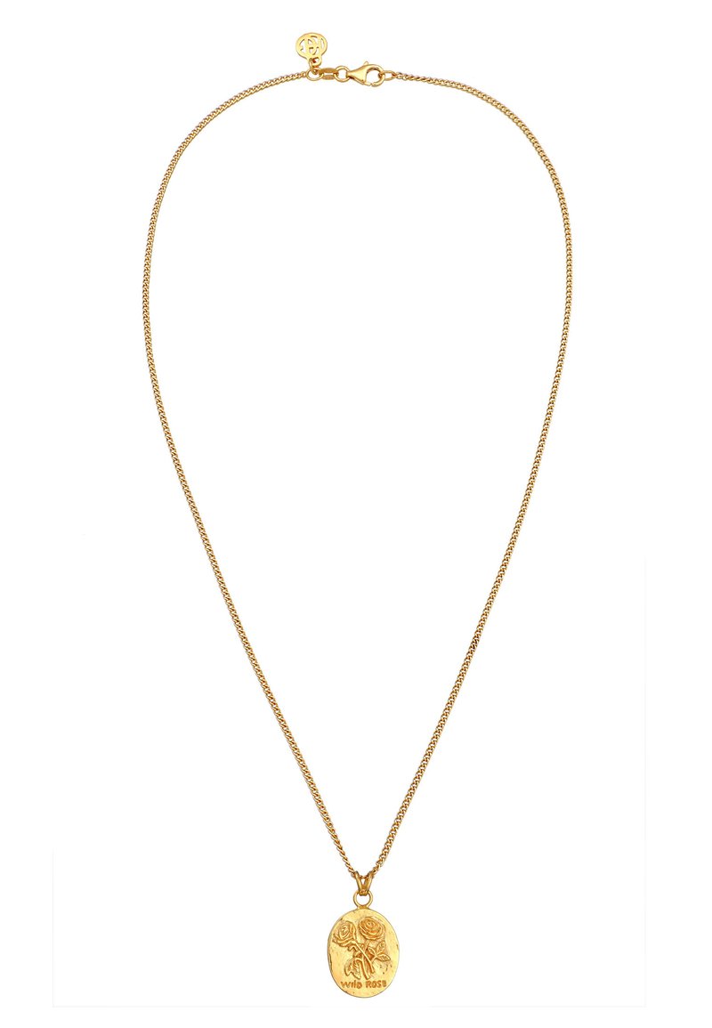 Guldhalsband med en oval medaljong med en upphöjd blommönsterdesign. Kedjan är fint vävd, med ett spänne för att fästa.