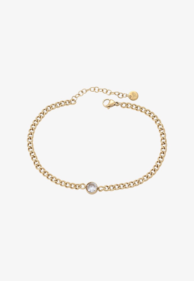 Finom arany lánc karkötő, egyetlen kerek átlátszó drágakővel a közepén, valamint homár csattal és nyújtó lánccal.