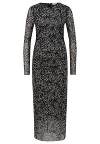 Schwarz-langärmliges Kleid mit einem transparenten Overlay, das ein florales Muster in Creme aufweist. Figurbetonter Schnitt mit einem Reißverschluss am Rücken, glatte Textur.