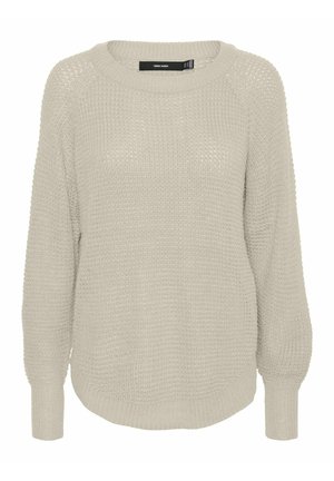 Pull beige en maille à manches longues avec encolure ronde et poignets côtelés, présentant un motif texturé et un bas légèrement arrondi.