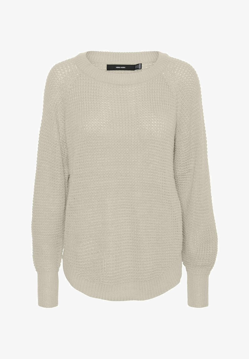 Pull beige en maille à manches longues avec encolure ronde et poignets côtelés, présentant un motif texturé et un bas légèrement arrondi.