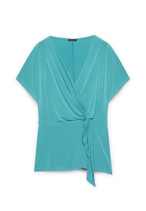 Turquoise wrap top made from soft, stretchy fabric. Features short dolman sleeves, a deep V-neck, and a tied accent at the waist.