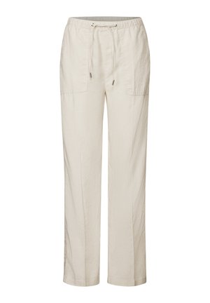 Pantalones de lino beige con dos bolsillos delanteros, cintura elástica con cordón y corte recto. Textura suave y tejido ligero.