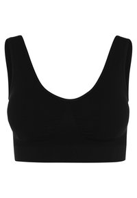 Svart bralette med en scoop-nekk, brede stropper, og et glatt, elastisk stoff. Har minimale sømmer for et sømløst utseende.