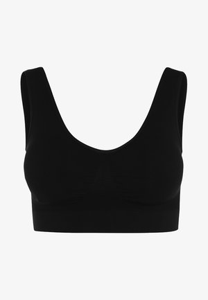 Mustat bralette-toppit, joissa on pyöreä pääntie, leveät hihnat ja sileä, joustava kangas. Ominaisuuksina minimimäärä saumoja saumattoman ilmeen saavuttamiseksi.